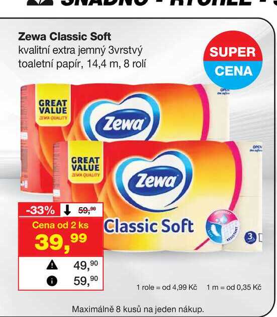 Zewa Classic Soft kvalitní extra jemný 3vrstvý SUPER toaletní papír, 14,4 m, 8 rolí 