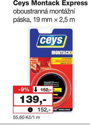 Ceys Montack Express oboustranná montážní páska, 19 mm x 2,5 m