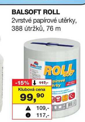 BALSOFT ROLL 2vrstvé papírové utěrky, 388 útržků, 76 m