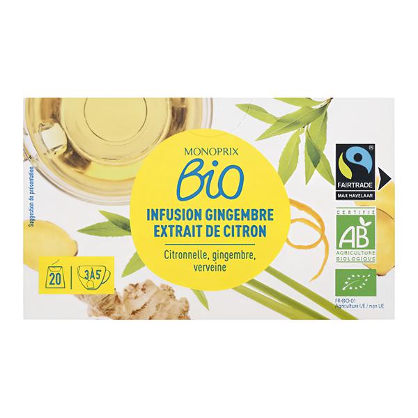 Monoprix Biologique BIO Čaj s příchutí citronové trávy, verbeny a zázvoru, 20 sáčků