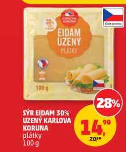 SÝR EIDAM 30% UZENÝ KARLOVA KORUNA plátky, 100 g