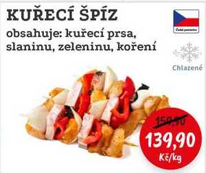 KUŘECÍ ŠPÍZ obsahuje: kuřecí prsa, slaninu, zeleninu, koření 1kg
