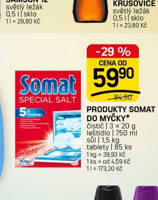 SOMAT DO MYČKY* čistič | 3 x 20 g leštidlo | 750 ml sůl 1,5 kg tablety | 85 ks