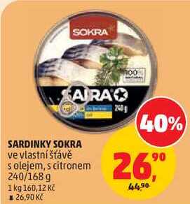 SARDINKY SOKRA ve vlastní šťávě solejem, s citronem, 240/168 g