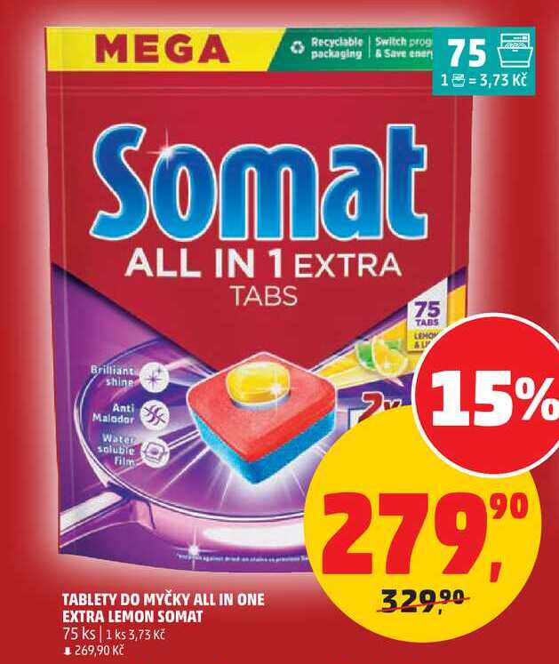TABLETY DO MYČKY ALL IN ONE EXTRA LEMON SOMAT, 75 ks 