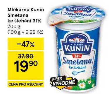 Mlékárna Kunín smetana ke šlehání 31 %, 200 g
