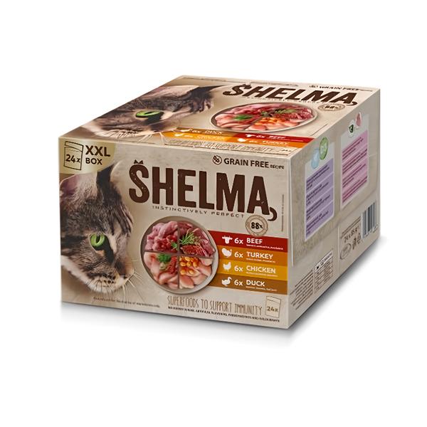 Shelma dušené filetky pro kočky bez obilovin, s čerstvým masem 24x85g