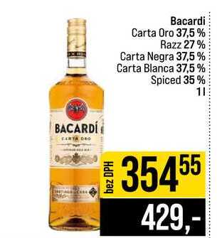 Bacardi Carta Oro 37,5% Razz 27% Carta Negra 37,5% Carta Blanca 37,5% Spiced 35% 1l
