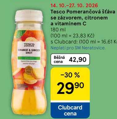 Tesco Pomerančová šťáva se zázvorem, citronem a vitaminem C, 180 ml