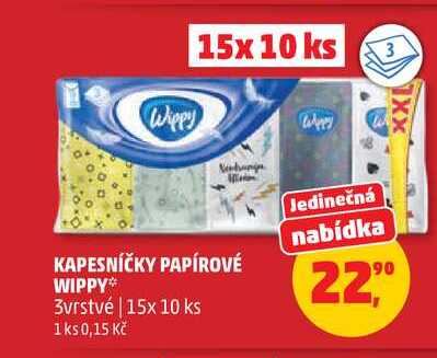 Wippy KAPESNÍČKY PAPÍROVÉ 3vrstvé 15x 10 ks