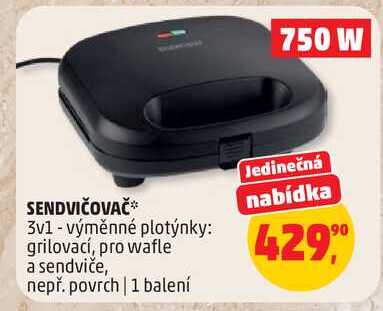SENDVIČOVAČ 3v1 - výměnné plotýnky: grilovací, pro wafle a sendviče, nepř. povrch 1 balení 750 W