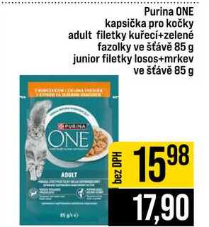 Purina ONE kapsička pro kočky adult filetky kuřecí+zelené fazolky ve šťávě 85 g junior filetky losos+mrkev ve šťávě 85 g