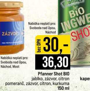 Pfanner Shot BIO jablko, zázvor, citron pomeranč, zázvor, citron, kurkuma kapes 150 ml
