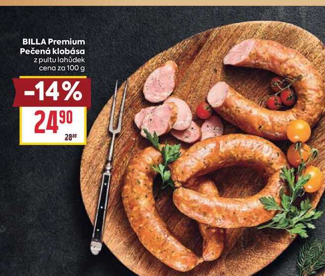 BILLA Premium Pečená klobása z pultu lahůdek cena za 100 g 