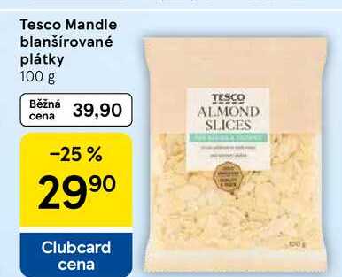Tesco Mandle blanšírované plátky, 100 g