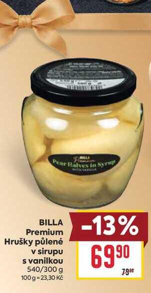 BILLA Premium Hrušky půlené v sirupu s vanilkou 540/300 g 