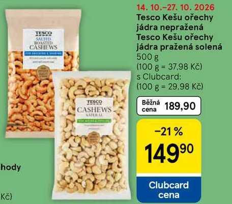 Tesco Kešu ořechy jádra pražená solená, 500 g