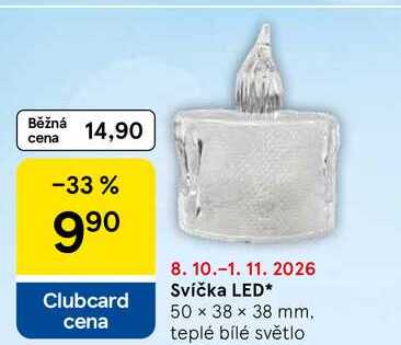 Svíčka LED, 50 x 38 x 38 mm, teplé bílé světlo