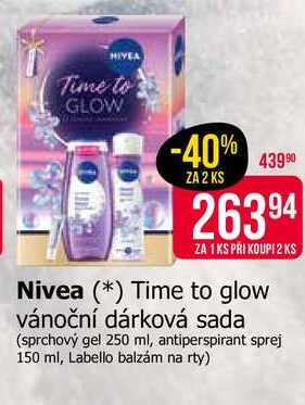Nivea Time to glow vánoční dárková sada (sprchový gel 250 ml, antiperspirant sprej 150 ml, Labello balzám na rty)