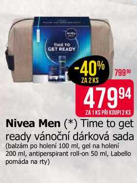 Nivea Men Time to get ready vánoční dárková sada (balzám po holení 100 ml, gel na holení 200 ml, antiperspirant roll-on 50 ml, Labello pomáda na rty)