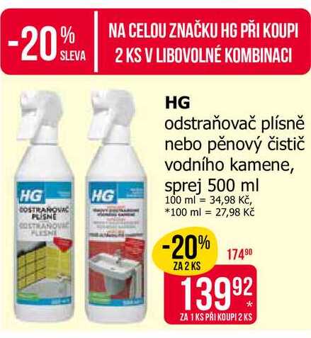 HG odstraňovač plísně nebo pěnový čistič vodního kamene, sprej 500 ml 