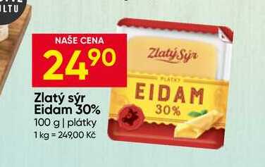 Zlatý sýr Eidam 30% 100 g plátky 