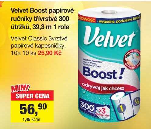 Velvet Boost papírové ručníky třívrstvé 300 útržků, 39,3 m 1 role