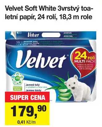 Velvet Soft White 3vrstvý toaletní papír, 24 rolí, 18,3 m role