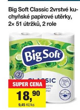 Big Soft Classic 2vrstvé kuchyňské papírové utěrky, 2x 51 útržků, 2 role