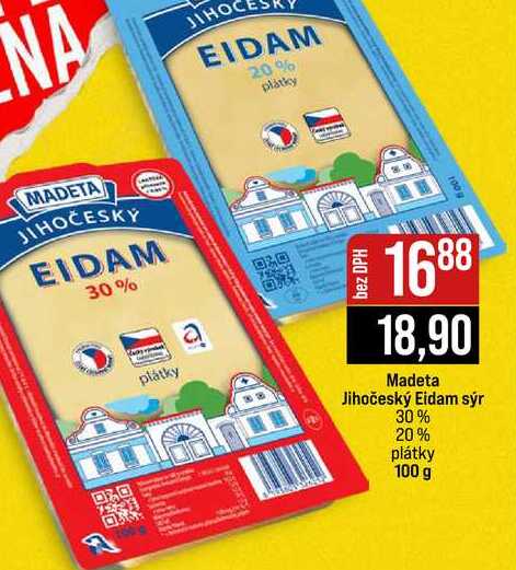 Madeta Jihočeský Eidam sýr 30% 20% plátky 100 g 