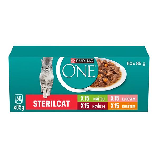 Purina ONE Sterilised kapsičky pro kočky hovězí, kuře, losos, krůta ve šťávě 60x85 g