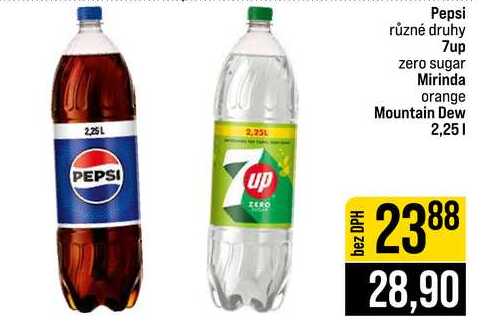 Pepsi různé druhy 7up zero sugar Mirinda orange Mountain Dew 2,25l