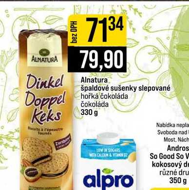 Alnatura špaldové sušenky slepované hořká čokoláda čokoláda 330 g