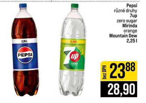 Pepsi různé druhy 7up zero sugar Mirinda orange Mountain Dew 2,25l