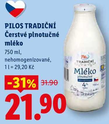 PILOS TRADIČNÍ Čerstvé plnotučné mléko, 750 ml