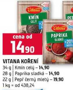 VITANA KOŘENÍ 34 g Kmin celý 28 g Paprika sladká 22 g Pepř černý mletý