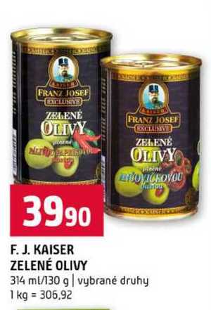 F. J. KAISER ZELENÉ OLIVY 314 ml/130 g vybrané druhy 