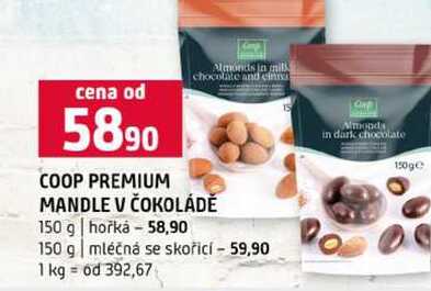 COOP PREMIUM MANDLE V ČOKOLÁDĚ 150 g hořká 150 g mléčná se skořicí