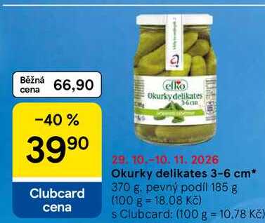 Okurky delikates 3-6 cm, 370 g. pevný podíl 185 g  