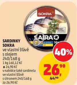 SARDINKY SOKRA ve vlastní šťávě s olejem, 240/168 g