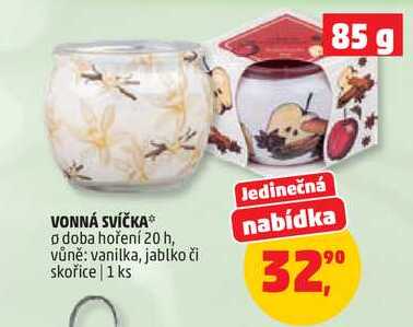 VONNÁ SVÍČKA o doba hoření 20 h, vůně: vanilka, jablko či skořice, 1 ks