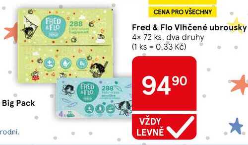 Fred & Flo Vlhčené ubrousky, 4x 72 ks, dva druhy