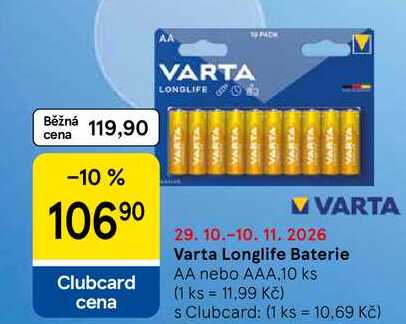 Varta Longlife Baterie AA nebo AAA, 10 ks