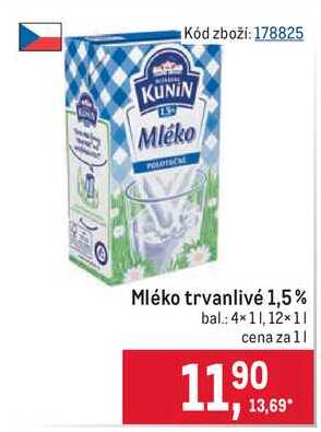 Kunín Mléko trvanlivé 1,5% 1 l 