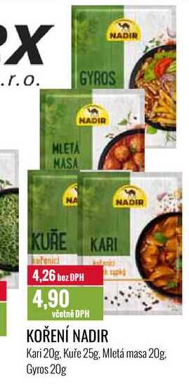 KOŘENÍ NADIR Kari 20g, Kuře 25g, Mletá masa 20g Gyros 20g