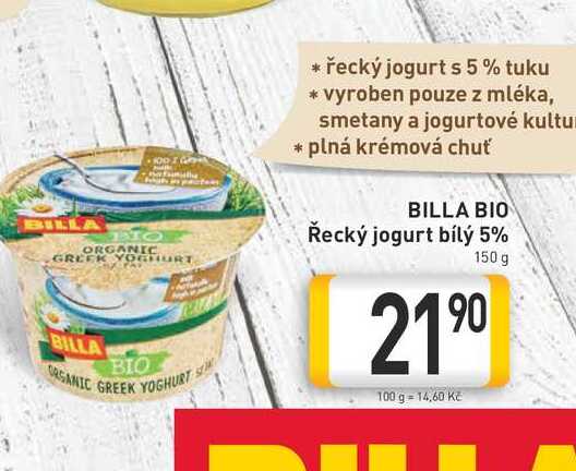 BILLA BIO Řecký jogurt bílý 5% 150g 
