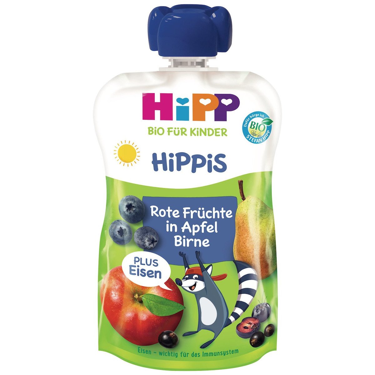 HiPP BIO Kapsička Hippis jablko, hruška, červené ovoce a železo