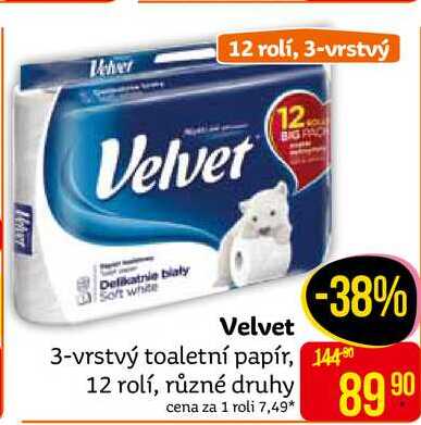 Velvet 3-vrstvý toaletní papír, různé druhy 