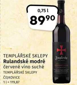 Templářské sklepy Rulandské modré červené víno suché 0,75l