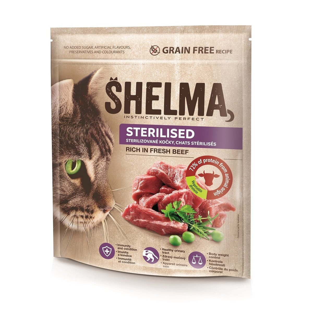 Shelma Bezobilné STERILE granule s čerstvým hovězím masem pro dospělé kočky